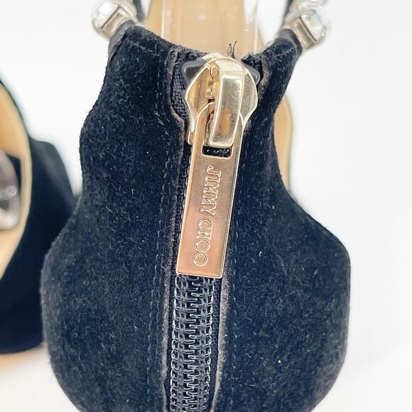 Jimmy Choo Farah Black Suede Crystal Trim Peep Toe Platform Pump Sandal IT 37.5 - Picture 8 of 11